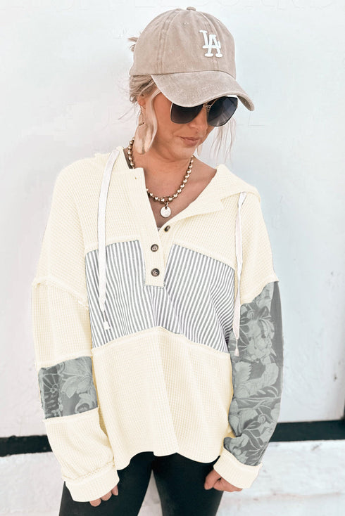 Waffle Knit Stripe Patchwork Henley Drawstring Hood Drop Shoulder Long Sleeve Top